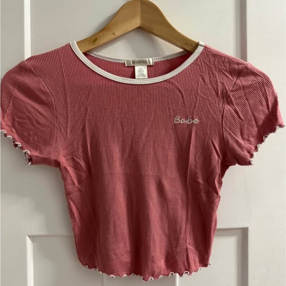 Bozzolo Pink Ribbed 'Babe' Crop Tee with White Trim